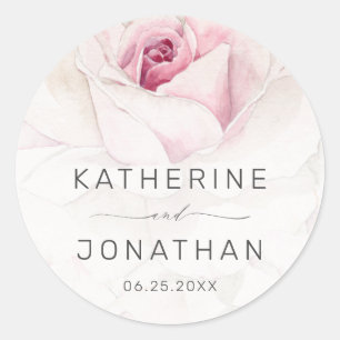 Elegant Pink Rose Watercolor Floral Script Wedding Classic Round Sticker