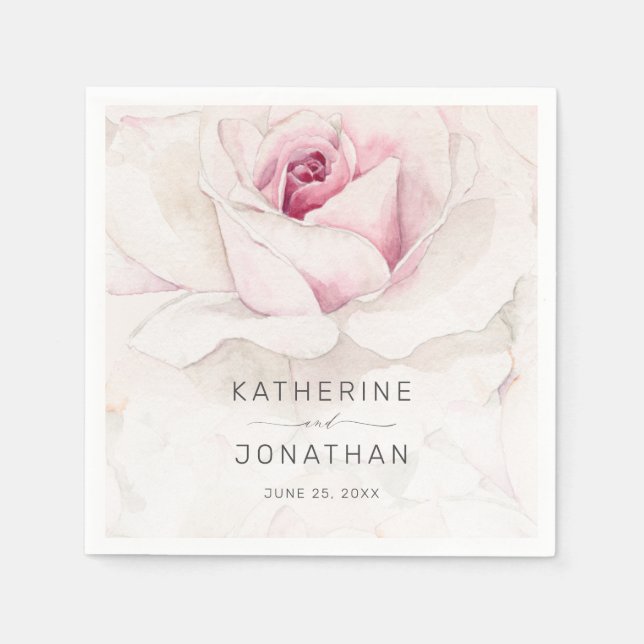 Elegant Pink Rose Watercolor Floral Script Wedding Napkin (Front)