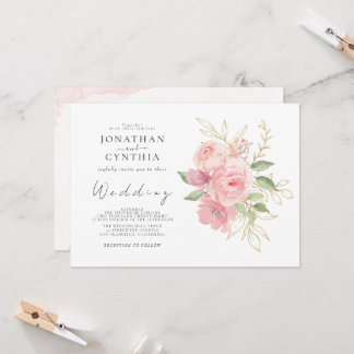Elegant Pink Rose Watercolor Golden Floral Wedding Invitation
