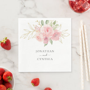 Elegant Pink Rose Watercolor Golden Floral Wedding Napkin