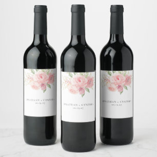 Elegant Pink Rose Watercolor Golden Floral Wedding Wine Label