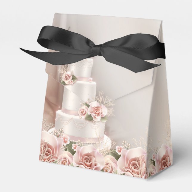 Elegant Pink Rose Wedding Cake Wedding Favour Box (Front Side)