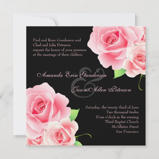 Elegant Pink Rose Wedding Invitation [Black] (Front)