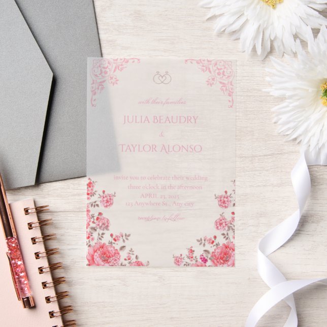 Elegant Pink Rose Wedding Invite Vellum Invitations (Wedding)