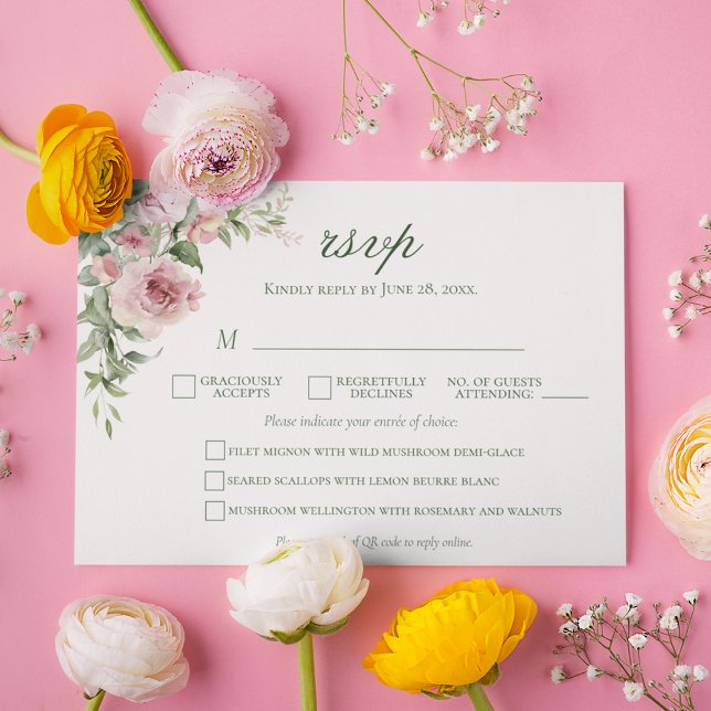 Elegant Pink Rose Wedding RSVP Card | Menu Choice (Elegant rustic botanical RSVP cards with pink roses for floral and garden themed weddings)