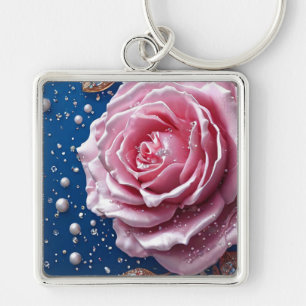 Elegant Pink Rose with Pearls and Crystals Key Ring