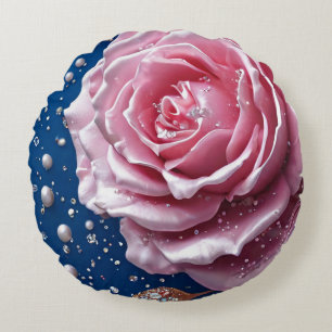 Elegant Pink Rose with Pearls and Crystals Round Cushion