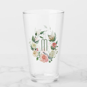 Elegant Pink Rose Wreath Monogram Glass
