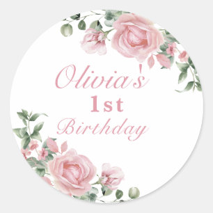 Elegant Pink Roses 1st Birthday Party  Classic Round Sticker