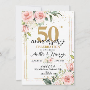 Elegant Pink Roses 50th Anniversary Party Invitation