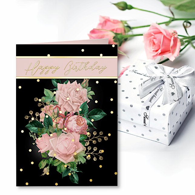 Elegant Pink Roses and Gold Accents Birthday Foil  Foil Greeting Card (Creator Uploaded)