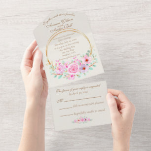 Elegant Pink Roses and Gold Geometric Circle  All In One Invitation