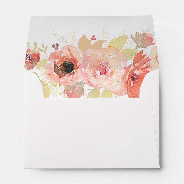 Elegant Pink Roses and Gold Leaves Wedding Envelope (Back (Bottom))