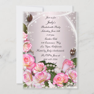 Elegant Pink Roses And Pearls Bachelorette Party Invitation