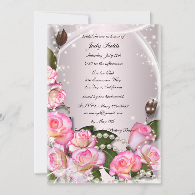 Elegant Pink Roses And Pearls Bridal Shower Invite (Front)