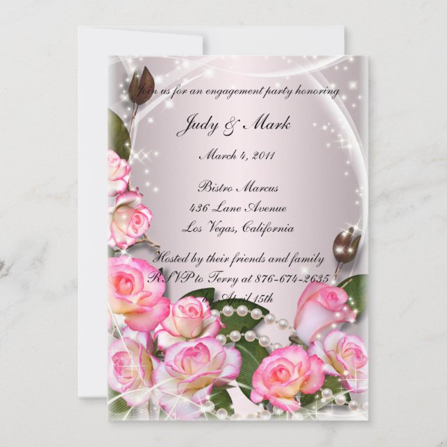 Elegant Pink Roses And Pearls Engagement Party Invitation (Front)