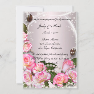 Elegant Pink Roses And Pearls Engagement Party Invitation