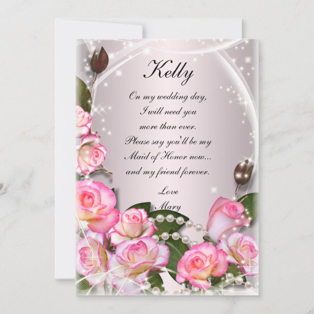 Elegant Pink Roses And Pearls Maid Of Honour Card (Front)