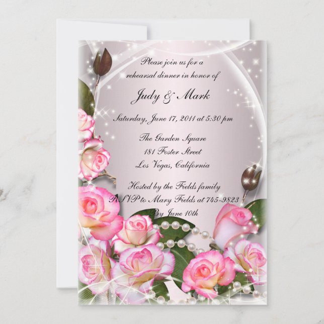Elegant Pink Roses And Pearls Rehearsal Dinner Invitation (Front)