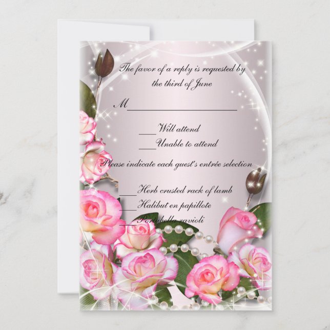 Elegant Pink Roses And Pearls Response Card (Front)