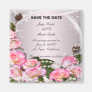 Elegant Pink Roses And Pearls Save The Date Magnet
