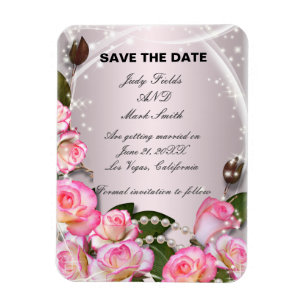Elegant Pink Roses And Pearls Save The Date Magnet