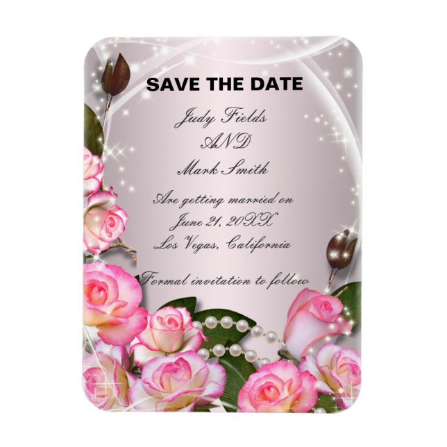 Elegant Pink Roses And Pearls Save The Date Magnet (Vertical)