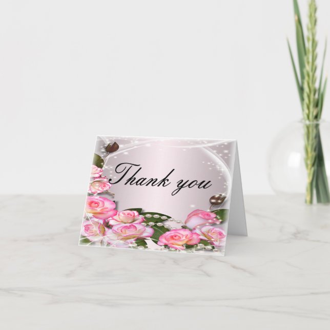 Elegant Pink Roses And Pearls Thank You Card (Front)