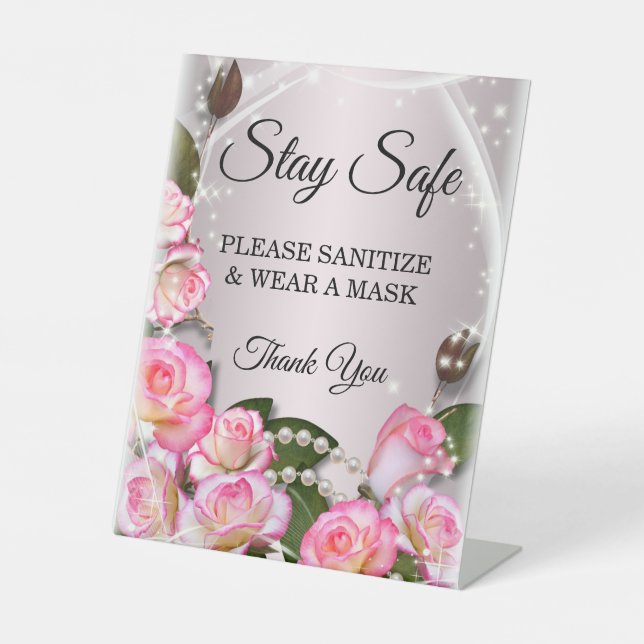 Elegant Pink Roses And Pearls Wedding Safety  Pedestal Sign (Front)