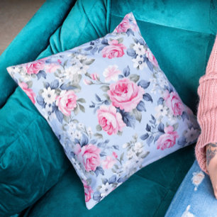 Elegant pink roses and white flowers pattern cushion