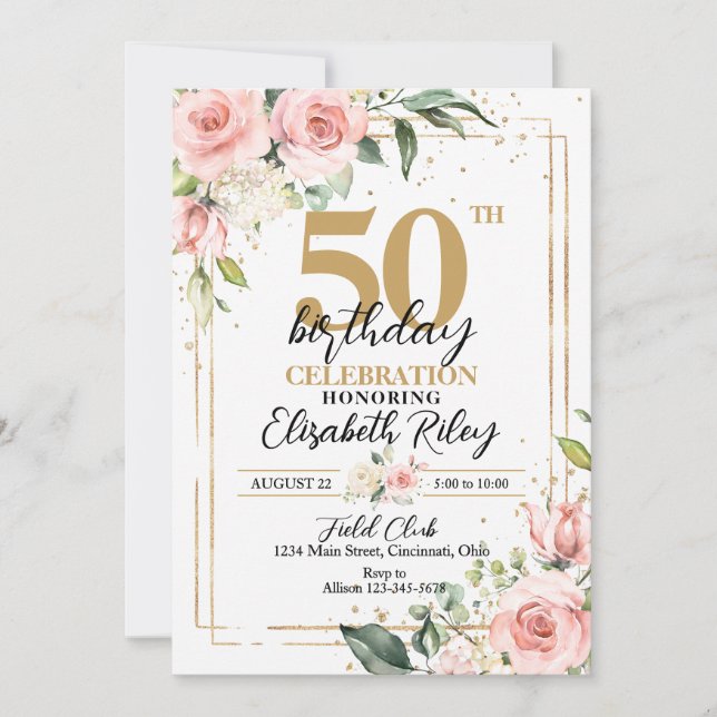 Elegant Pink Roses Any Age Birthday Invitation (Front)