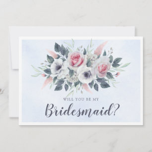 Elegant Pink Roses Blue Will You Be My Bridesmaid