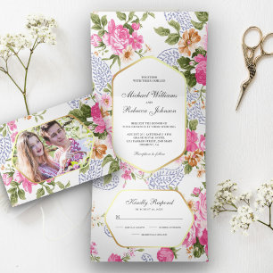 Elegant Pink Roses Botanical Garden 3 in 1 Wedding Tri-Fold Invitation
