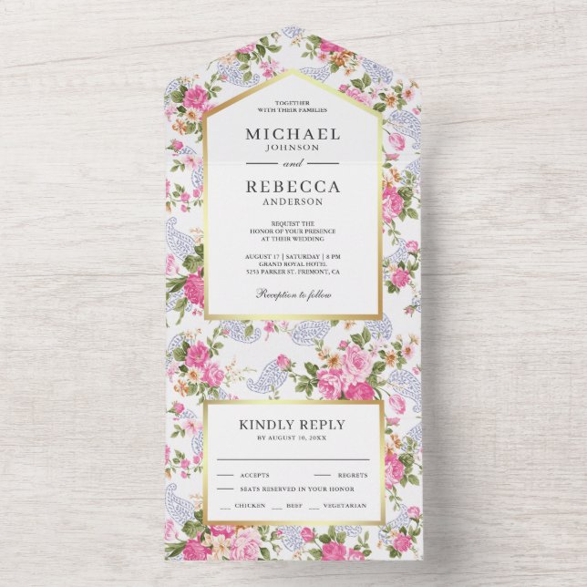 Elegant Pink Roses Botanical Garden Wedding All In One Invitation (Inside)