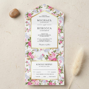 Elegant Pink Roses Botanical Garden Wedding All In One Invitation