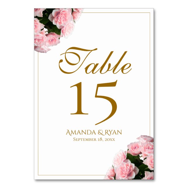 Elegant Pink Roses Bouquet Flowers Floral Wedding Table Number (Front)
