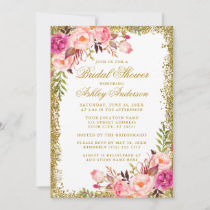 Elegant Pink Roses Bridal Shower Gold Glitter Invitation