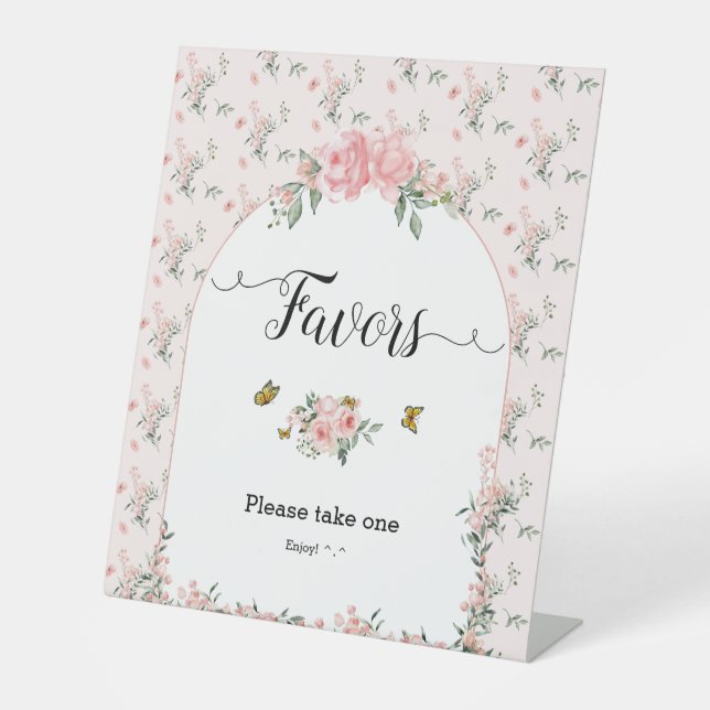 Elegant Pink Roses & Butterfly Baby Shower Favours Pedestal Sign (Front)