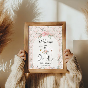 Elegant Pink Roses & Butterfly Baby Shower Welcome Poster