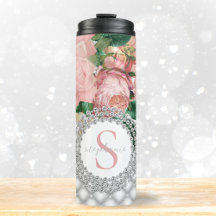 Elegant Pink Roses Diamonds Monogram