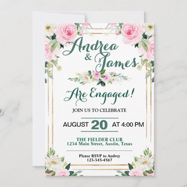 Elegant Pink Roses Engagement Party Invitation (Front)