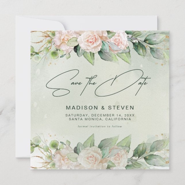 Elegant Pink Roses Eucalyptus Greenery Wedding  Save The Date (Front)