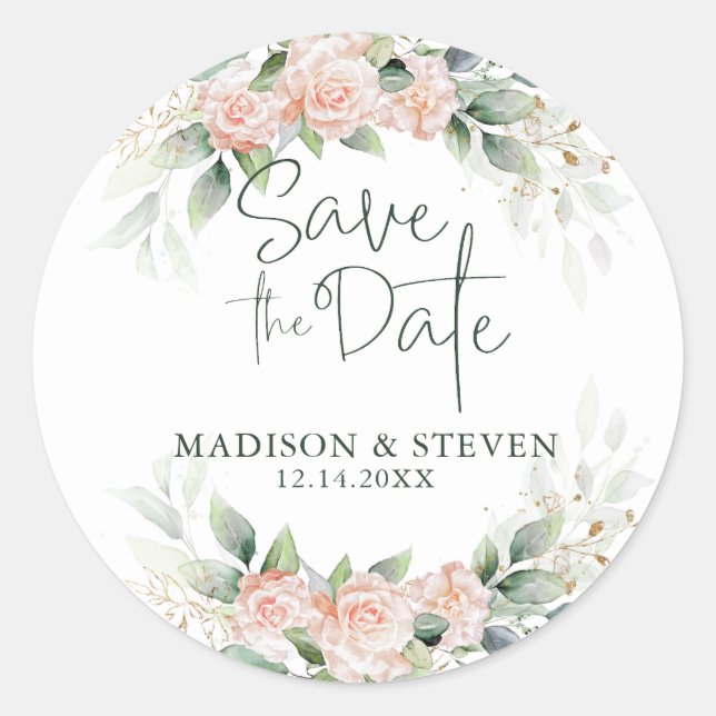 Elegant Pink Roses Eucalyptus Wreath Wedding Classic Round Sticker (Front)