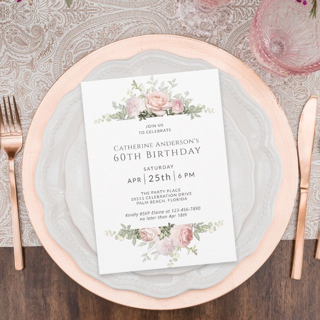 Elegant Pink Roses Feminine 60th Birthday Party Invitation (This elegant invitation is available as printed or paperless digital download!)
