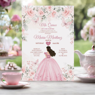 Elegant Pink Roses Floral 16th Mexican Quiñceanera Invitation
