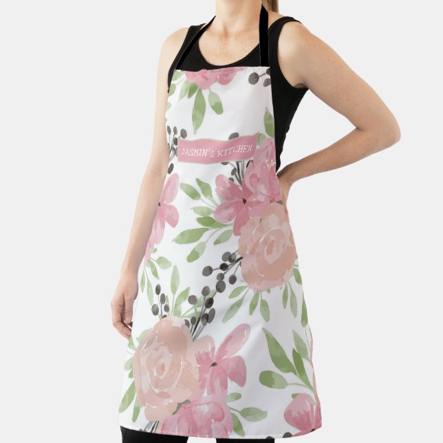 Elegant Pink Roses Floral Personalised Apron (Insitu)