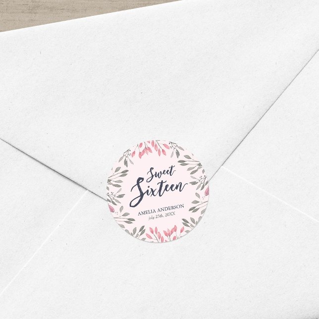 Elegant Pink Roses Floral Sweet 16 Birthday Party Classic Round Sticker (Creator Uploaded)
