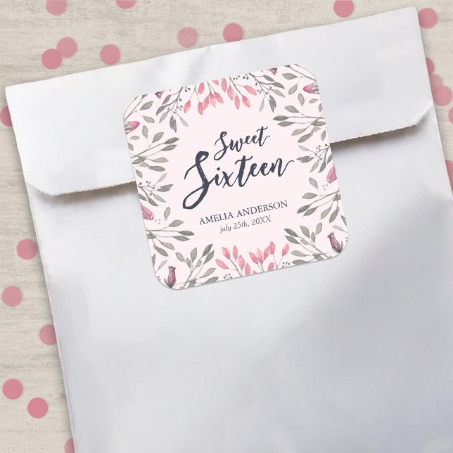 Elegant Pink Roses Floral Sweet 16 Birthday Square Sticker (Creator Uploaded)