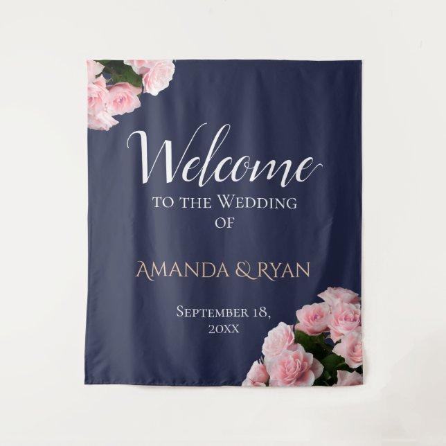 Elegant Pink Roses Floral Wedding Welcome Backdrop Tapestry (Front)