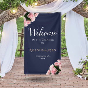 Elegant Pink Roses Floral Wedding Welcome Banner